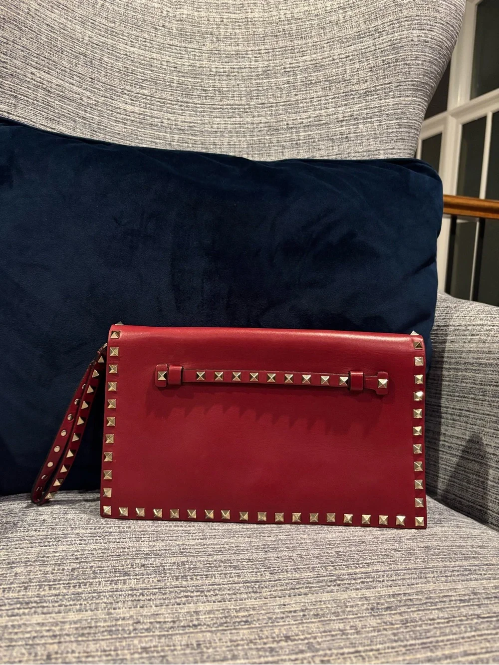 Valentino Red Leather Stud-Trim Wristlet Clutch